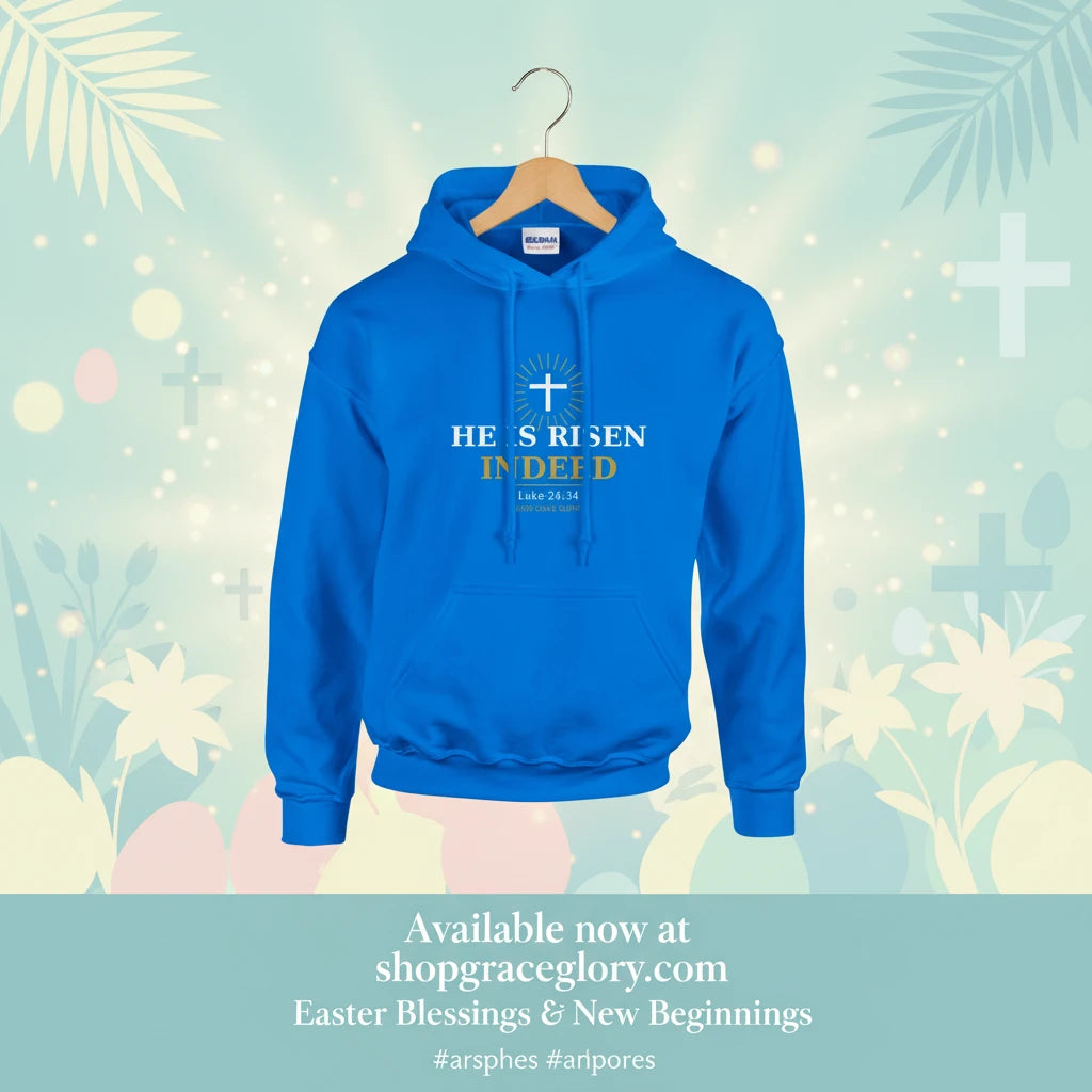 He Is Risen Indeed ✝️ Easter Faith Hoodie — Luke 24:34. Available now at shopgraceglory.com — link in bio. 🙏 #Easter2026 #HeIsRisen #ChristianApparel #FaithFashion #EasterHoodie #GraceAndGlory”